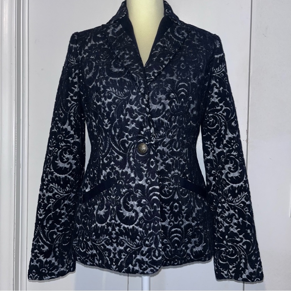 CAbi Jacquard Wool Blend Blazer Midnight Blue Damask